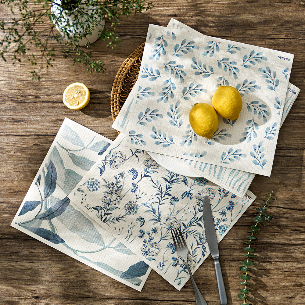 Watercolor Florals Stormy Blue Oversized Swedish Dishcloth Set - 4